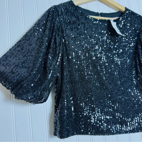 Alexia Admor Black Sequin Blake Sequin Boxy Crop Top Sz S Keyhole back button - Picture 3 of 6